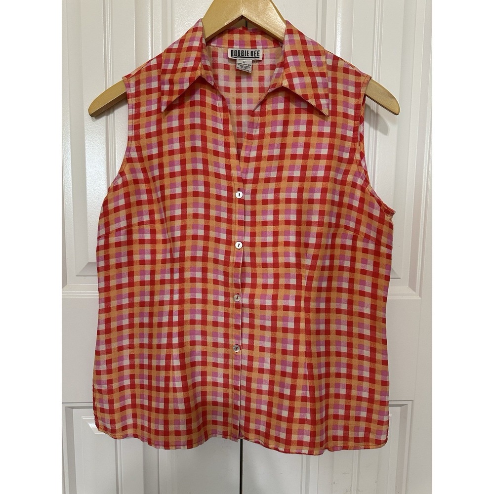 Bobbie Bee Women's Top 8 Red Plaid Silk Casual Picnic Classic Spring Fall Beach